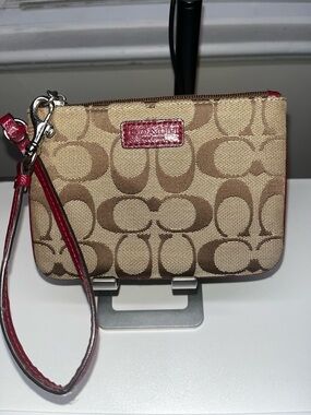 Coach Tan Signature Canvas Wristlet with Red Trim